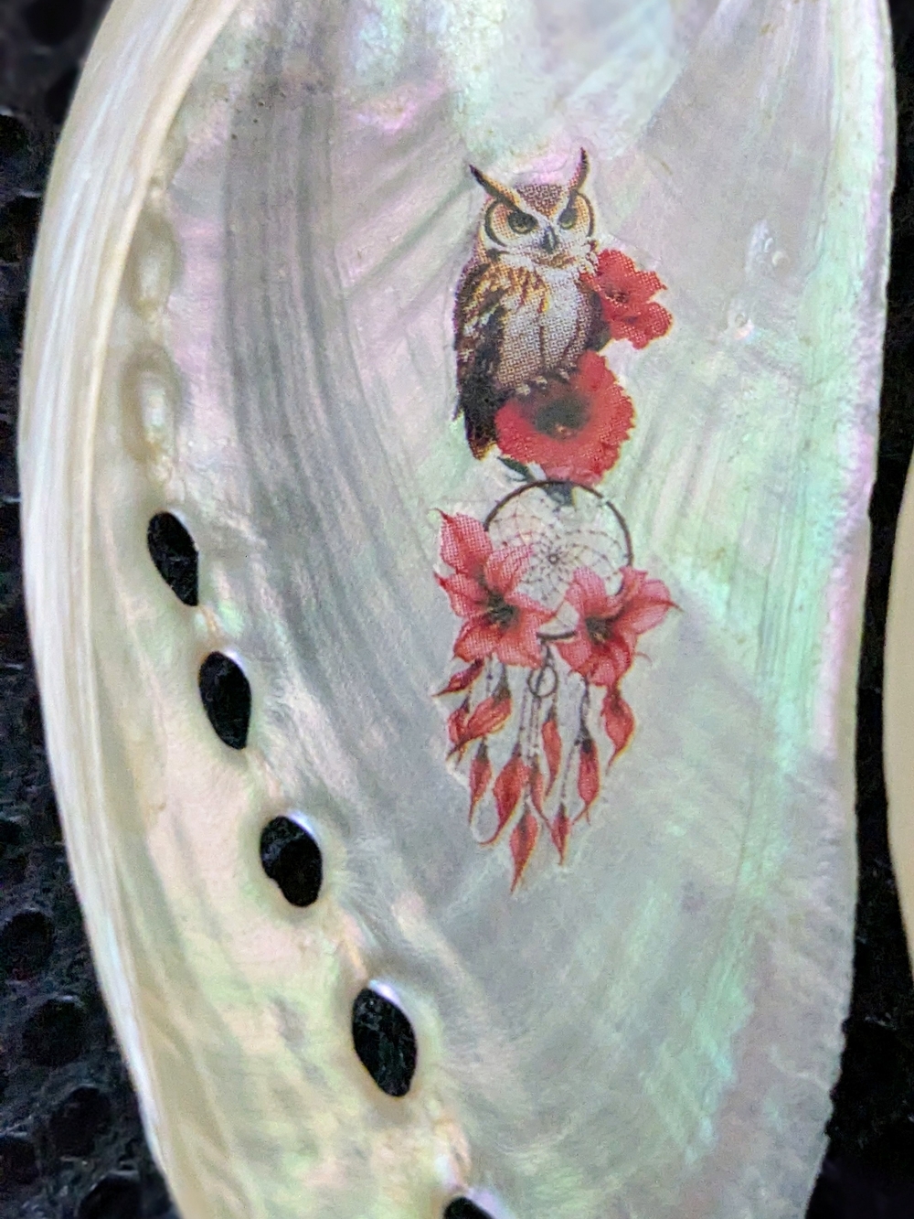 White Pearl Abalone Shell Red Dreamcatcher Owl Drop Earrings - Picture 2 of 3